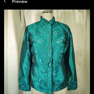 Chico's Satin Blazer, Women Green, raised Swirl/Sequin pattern, buttons, Pckts,2